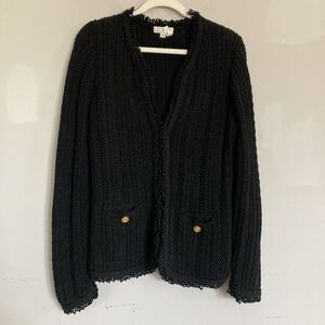 J. Crew Textured Cable-Knit Lady Jacket w/Fringe MEDIUM Viscose Cotton Black